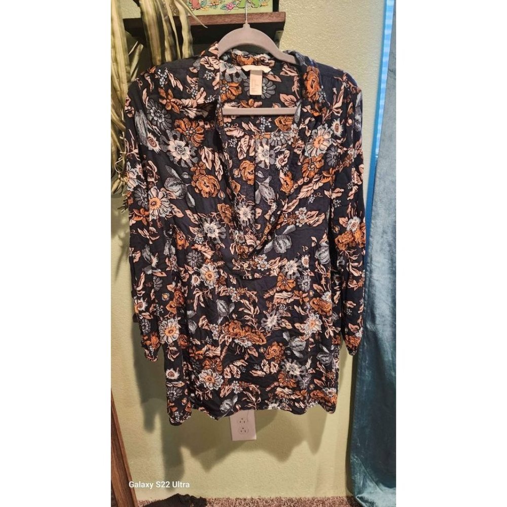 H&M Womens size 12 Teal Green Floral Long Sleeve Gathered Shirt Dress